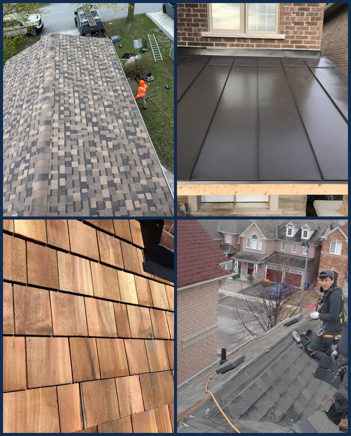 Collage of SGM roofing work: shingles, standing seam metal, cedar shake, and crew on site