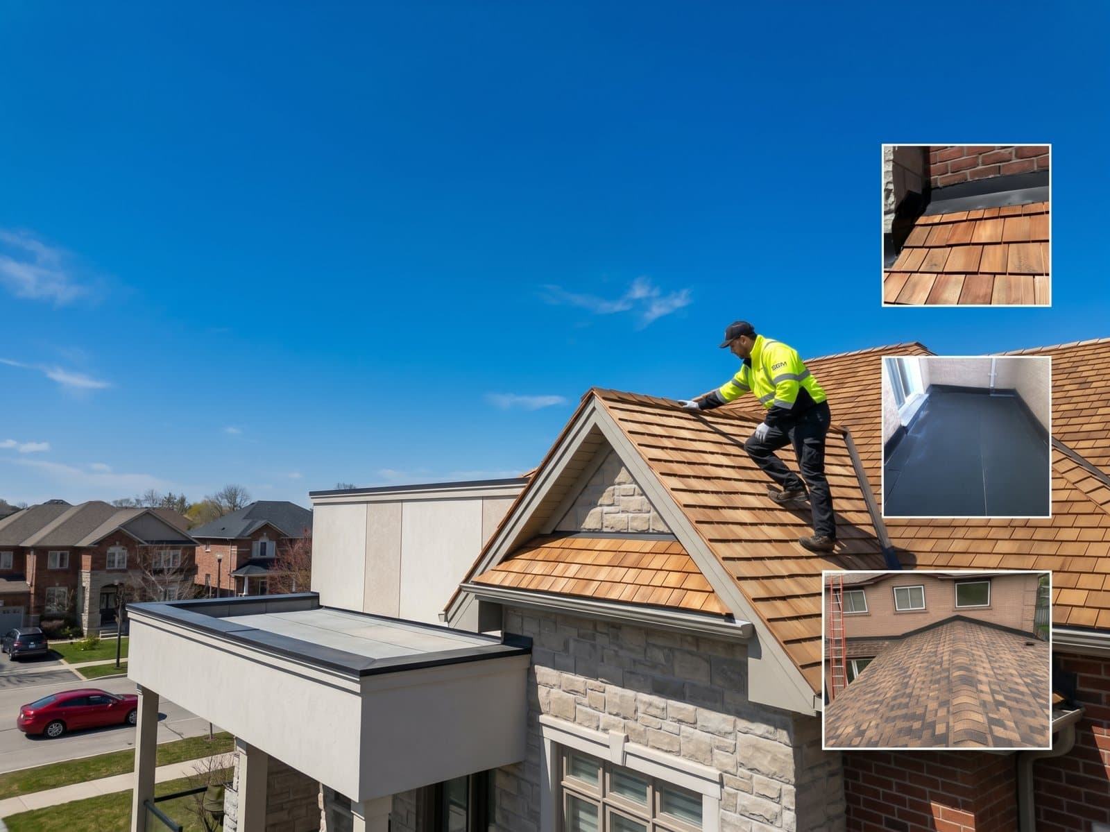 SGM Construction Services roofer on a cedar shake roof, with detail shots of chimney flashing, balcony waterproofing, and a finished shingle roof