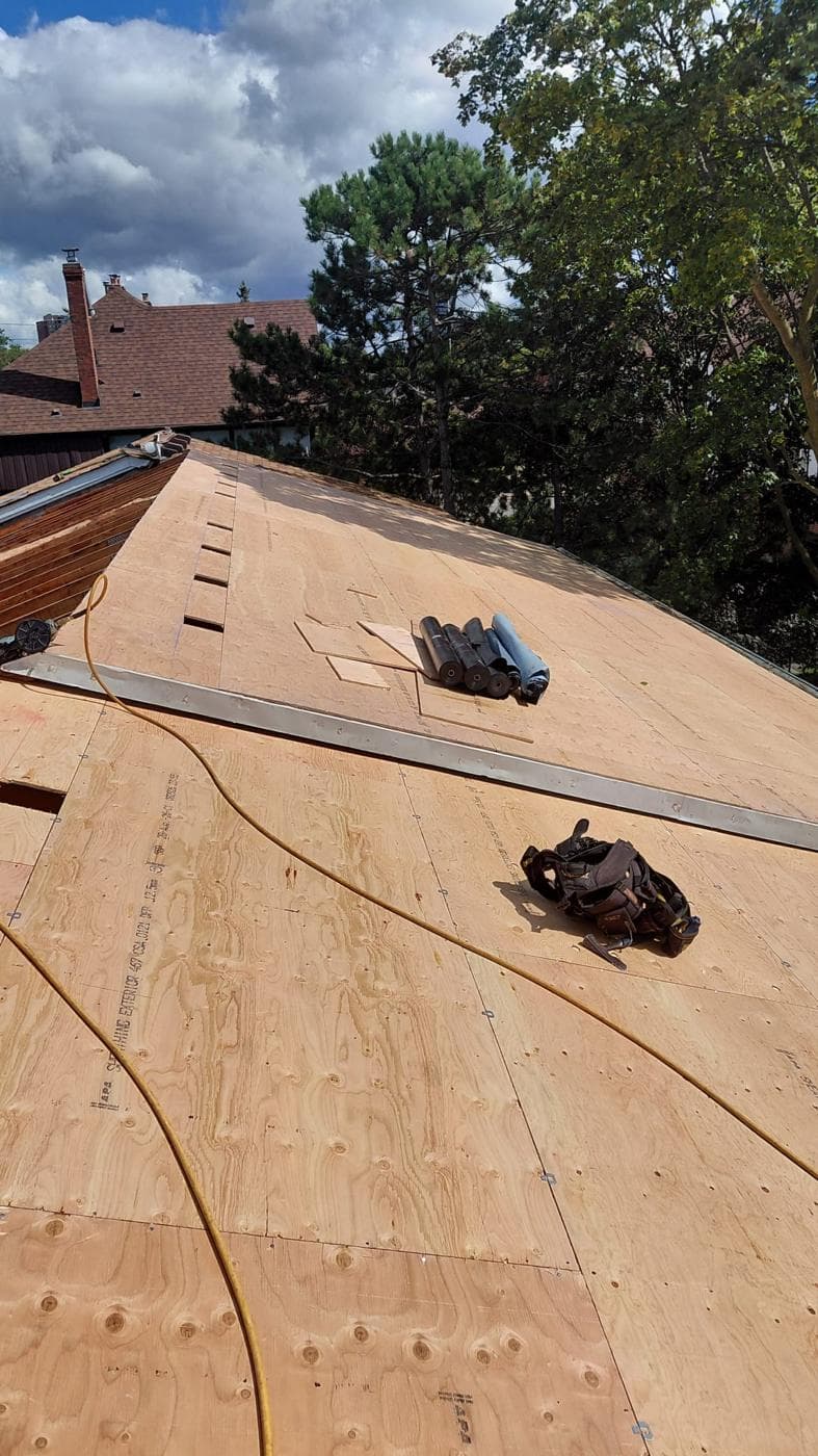 Roof deck with metal flashing installed